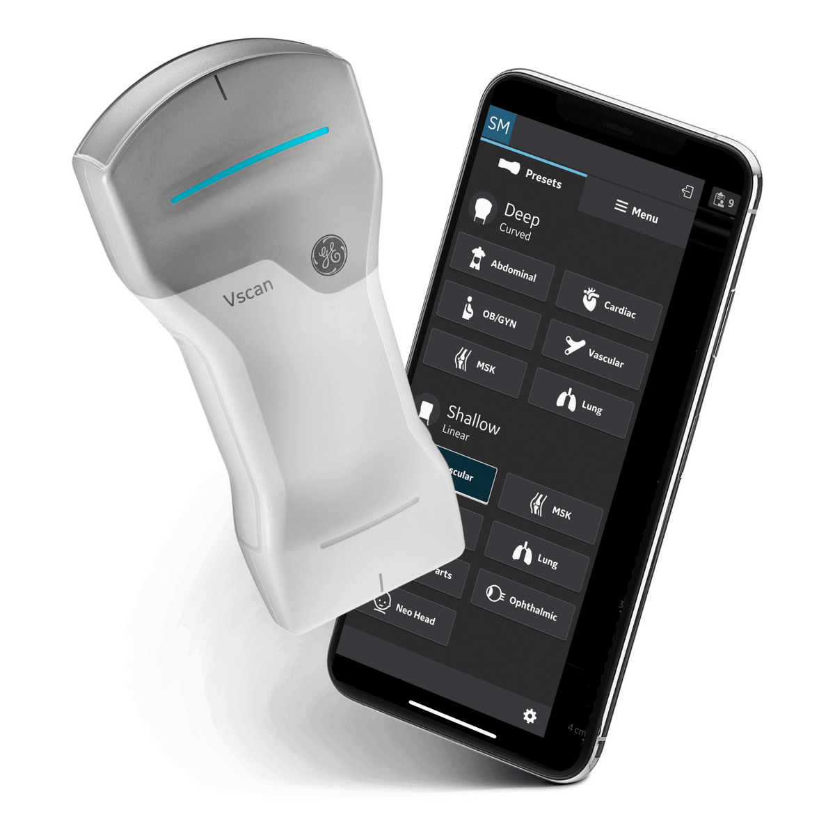 Vscan Air CL Sonde mit Smartphone, Vscan Air App mit Presets für konvexen und linearen Schallkopf
