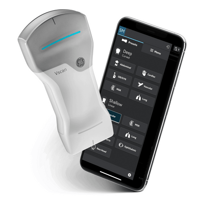 Vscan Air CL Sonde mit Smartphone, Vscan Air App mit Presets für konvexen und linearen Schallkopf